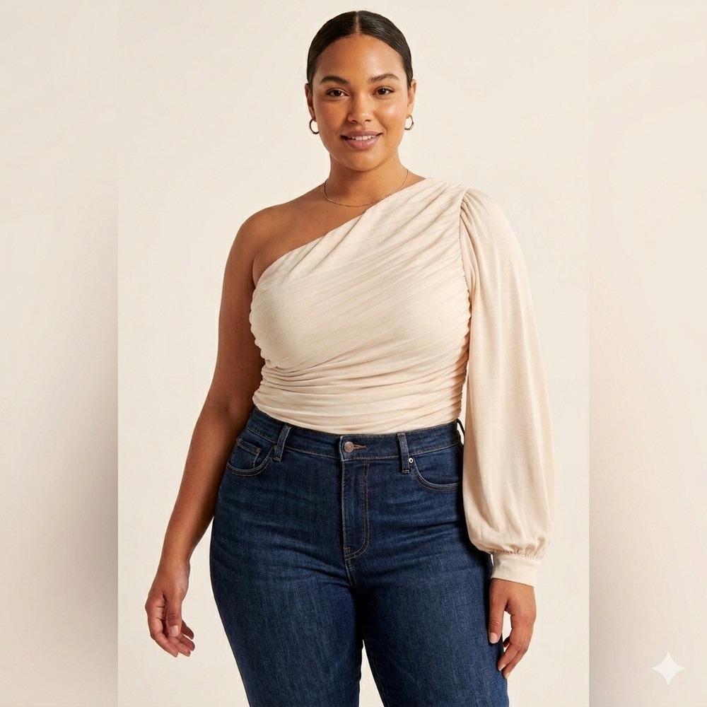 XPLUSWEAR Cream One Shoulder Ruched Puff Sleeve Top XL NWT